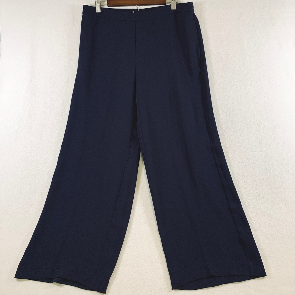 Chico's Wide Leg Trousers Women 2R 12R Navy Blue Pull On High Rise Pockets Pants